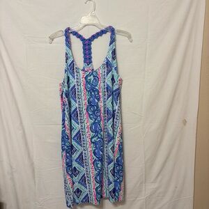 Lilly Pulitzer NWT Blue Lydia dress with a printed pattern, macrame racerback